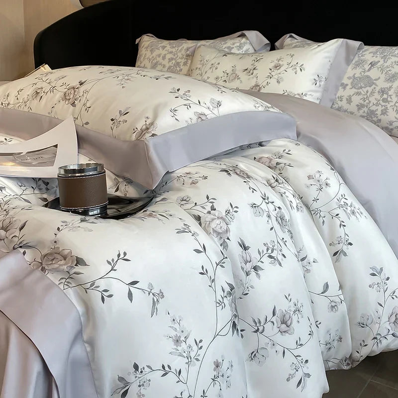 DecorBites™ Eucalyptus Fiber Flowers Bedding Set: Duvet Cover, Bed Sheet, Pillowcase - 4Pcs
