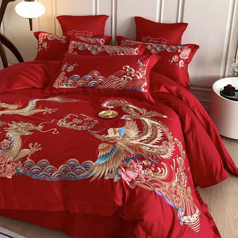 DecorBites™ Gold Loong Phoenix Embroidery Queen Bedding Set, Luxurious Brushed 4Pcs Set