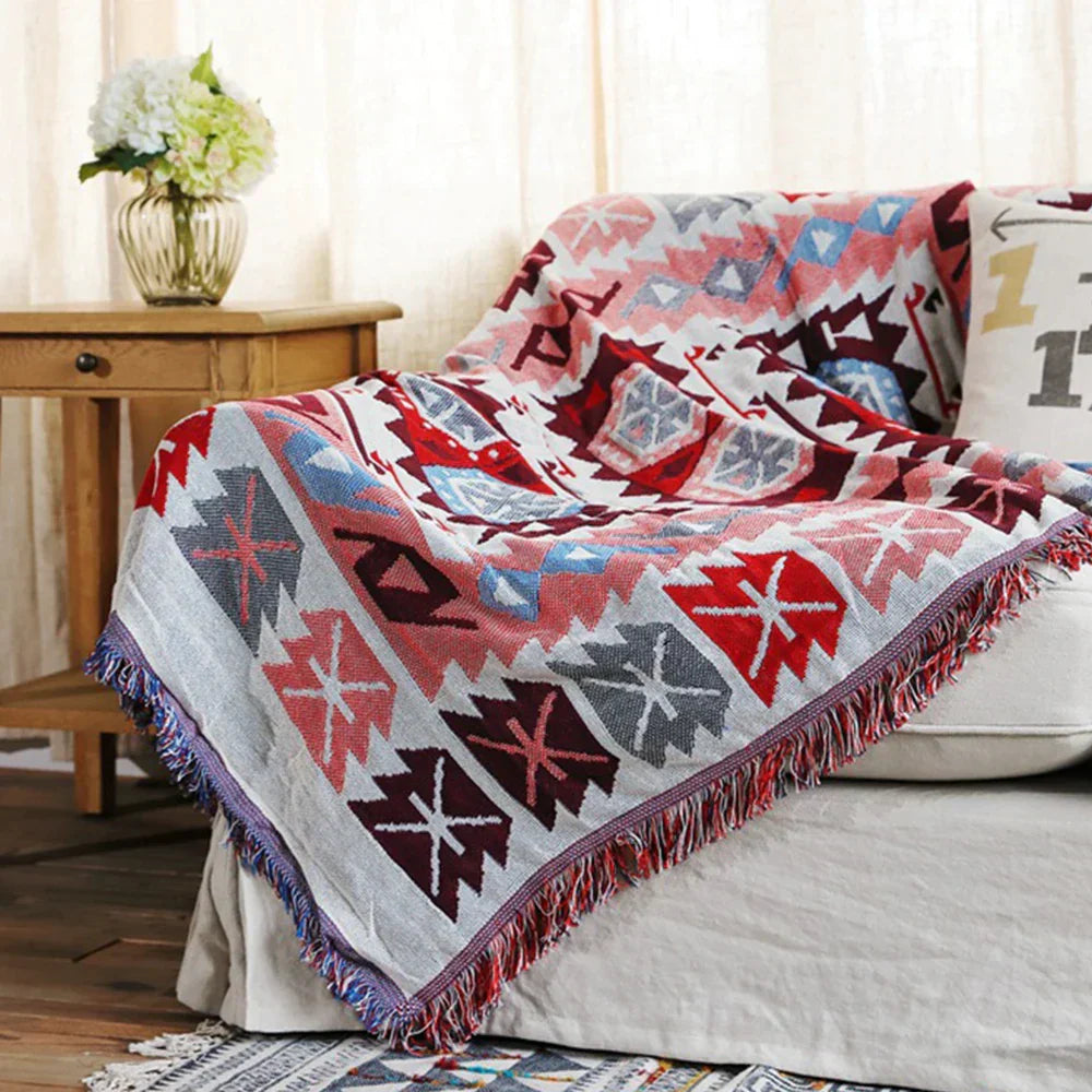 DecorBites™ Knitted Cotton Throw Blanket with Tassel - Geometric Bohemian Design