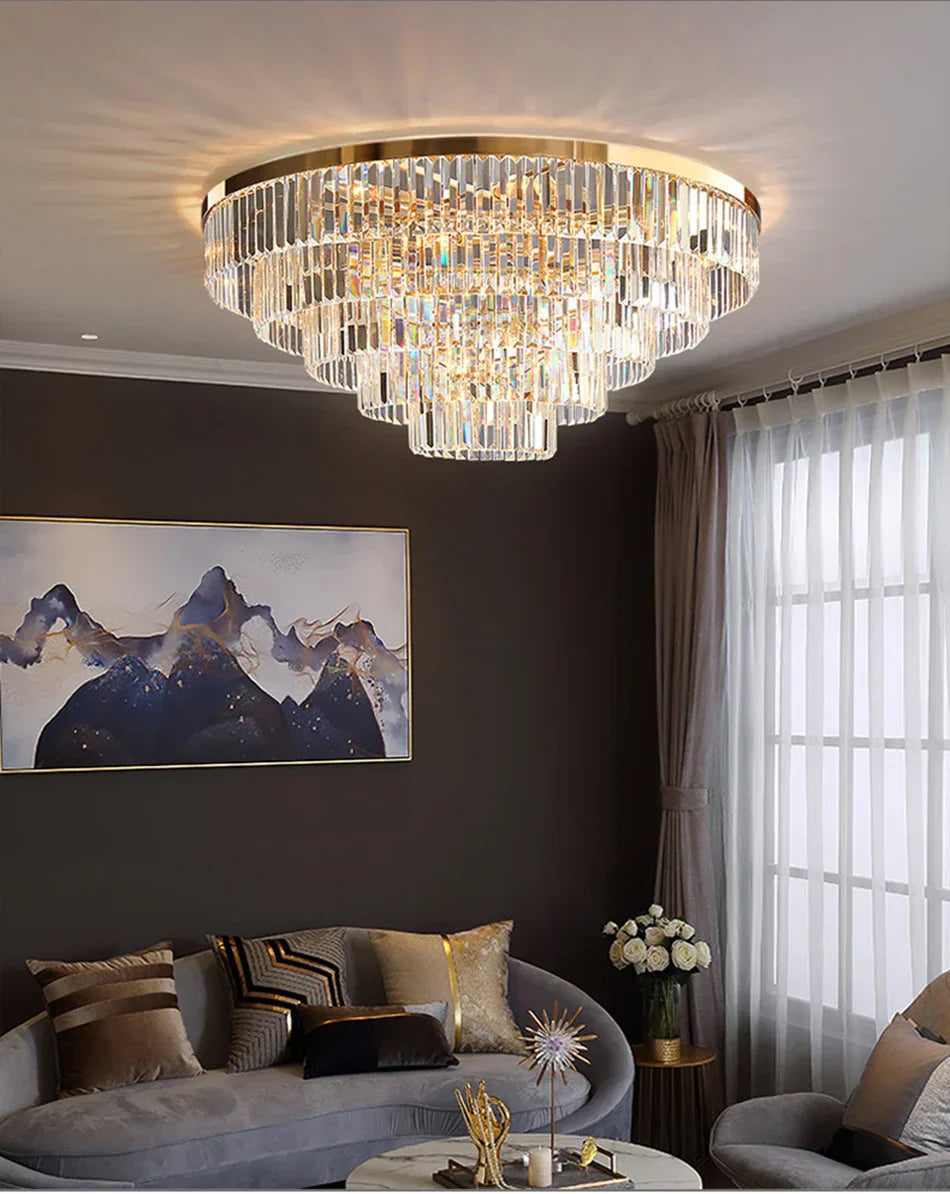 مصباح سقف كريستالي ذهبي LED من DecorBites™ لغرفة المعيشة العصرية، ديكور منزلي فاخر