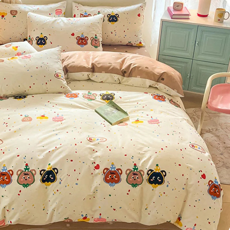 DecorBites™ Cotton Cartoon Printed Bed Set with Non-Fading Floral Patterns for Adults