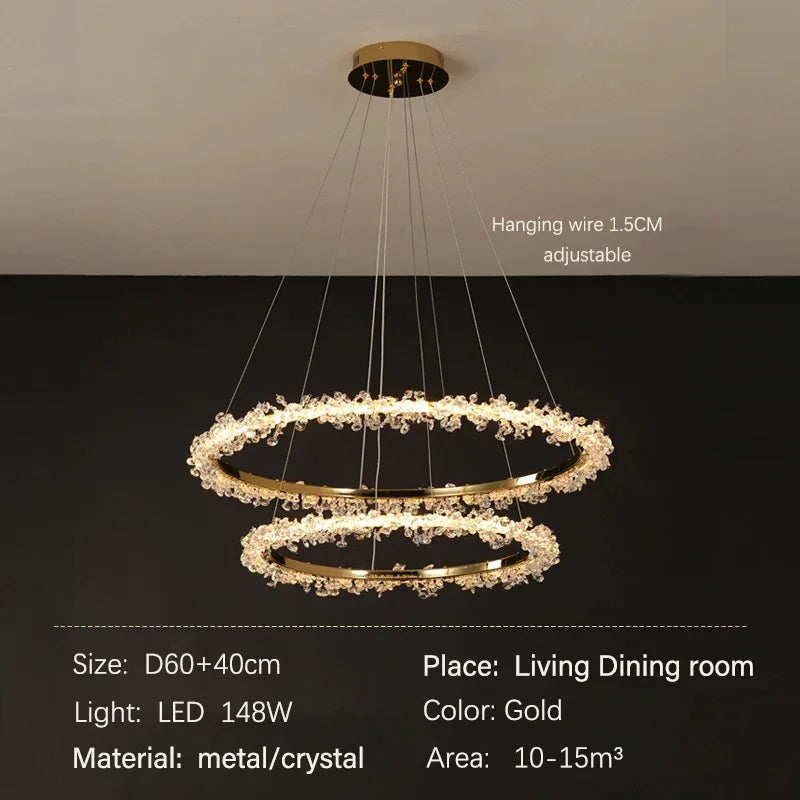 DecorBites™ ثريا كريستال ذهبية مستديرة | ثريا هالو LED فاخرة بنمط نورديك لغرفة المعيشة