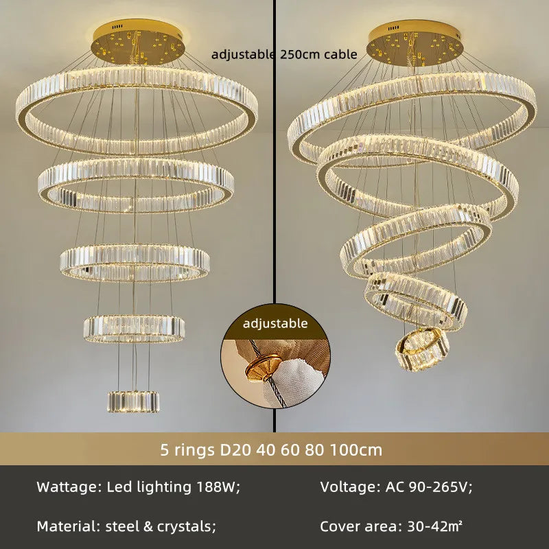 DecorBites™ Crystal Circle LED Chandelier: Nordic Modern Stairs Pendant Lighting with Dimmable LED for Living Room