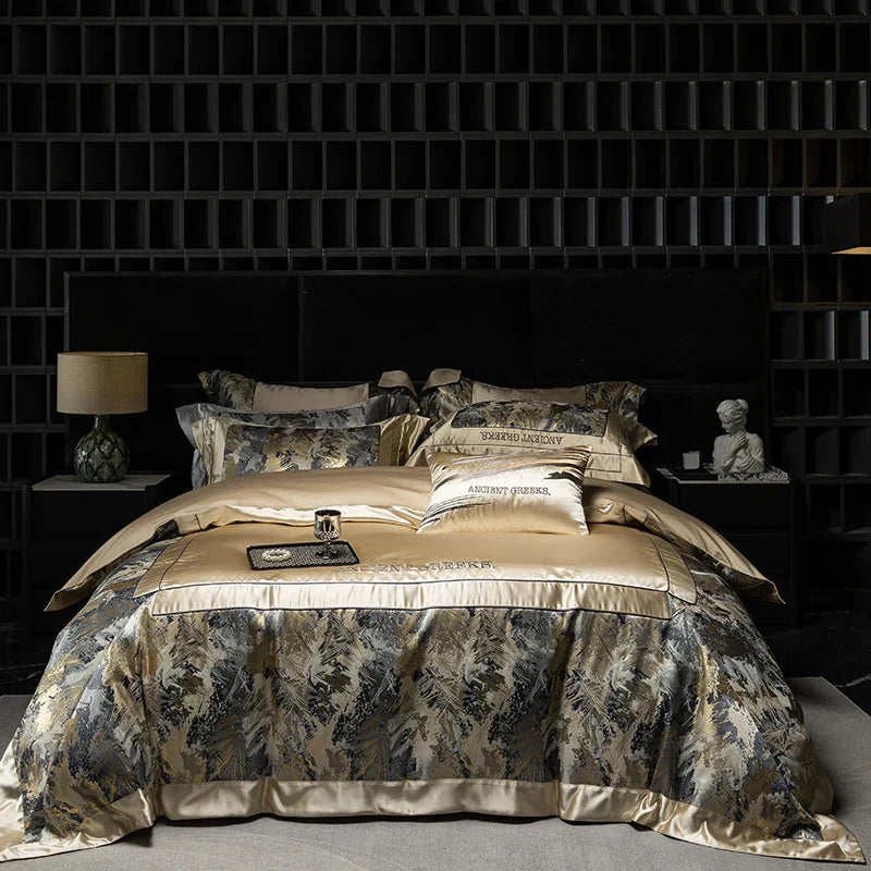 طقم مفرش سرير جاكار وبروكار فاخر من DecorBites™ مع قطن مصري وتطريز