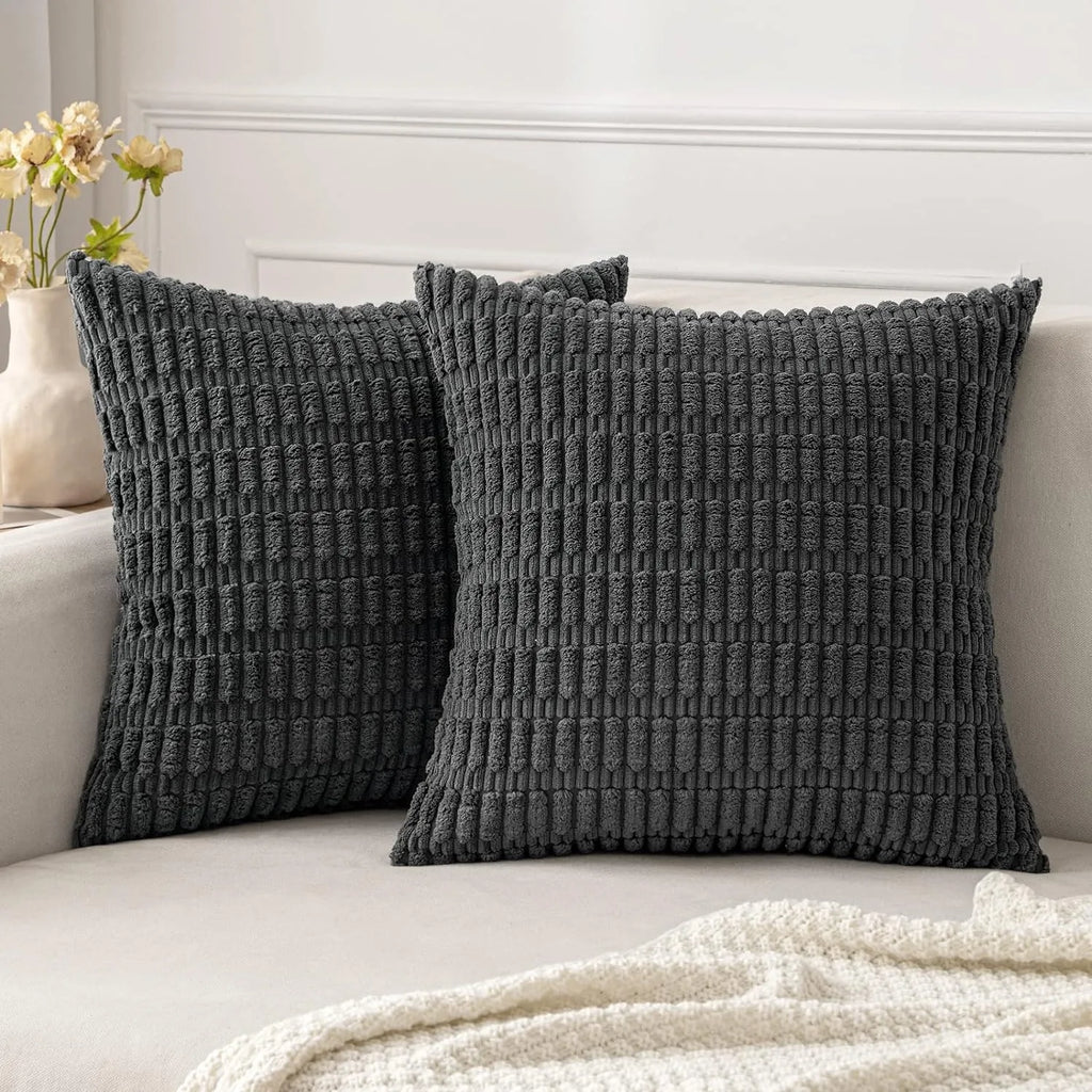 DecorBites™ Corduroy Striped Throw Pillow Covers | Soft White Decorative Square Cushion Case