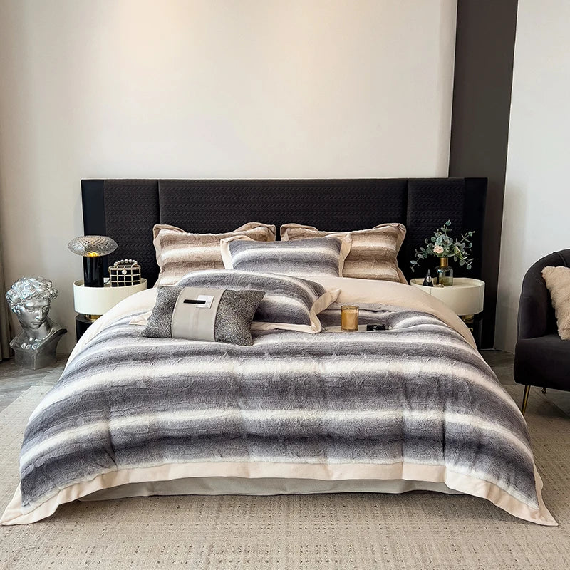 DecorBites™ Cozy Faux Fur Bedding Set: Gradient Rabbit Fur Plush Cover Sheet Pillowcases