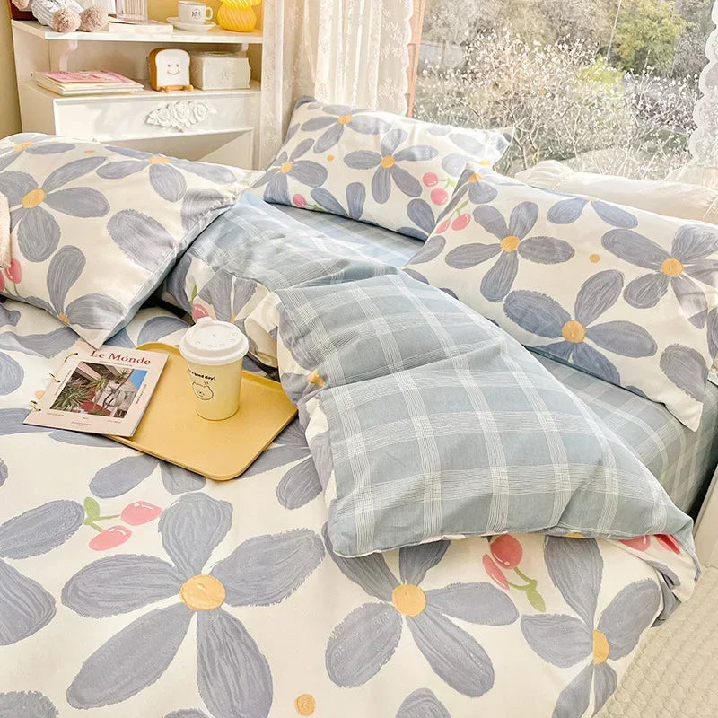 DecorBites™ Double-Sided Floral Print Cotton Bedding Set - Queen Size Soft Duvet Cover Set