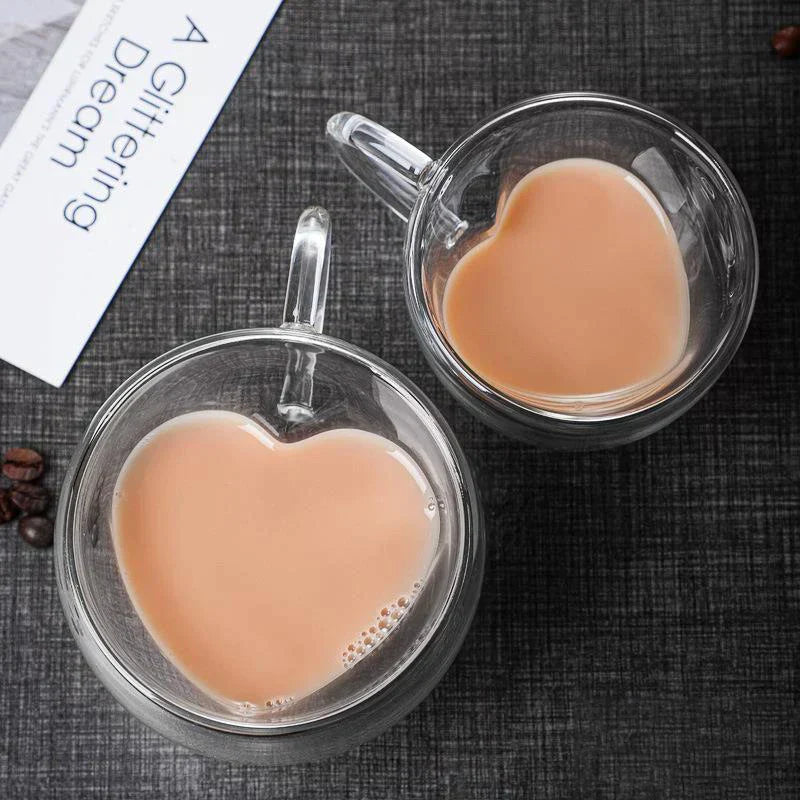 DecorBites™ Heart Glass Mug Set: Double Wall Couple Cups for Tea, Coffee, Beer - Gift Drinkware