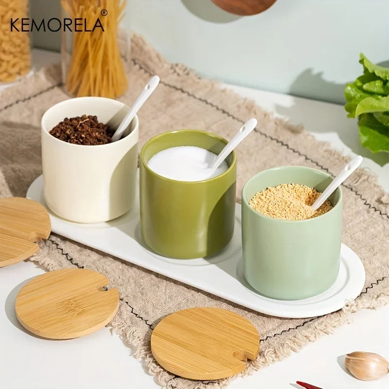 طقم برطمانات توابل سيراميك ريترو ياباني من DecorBites™ مع صينية - منظم مطبخ 3 قطع