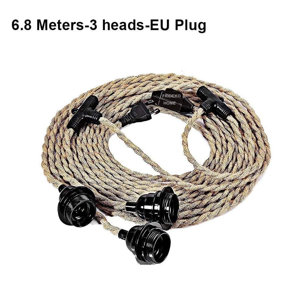 Vintage Industrial Hemp Rope Plug-In Pendant Light
