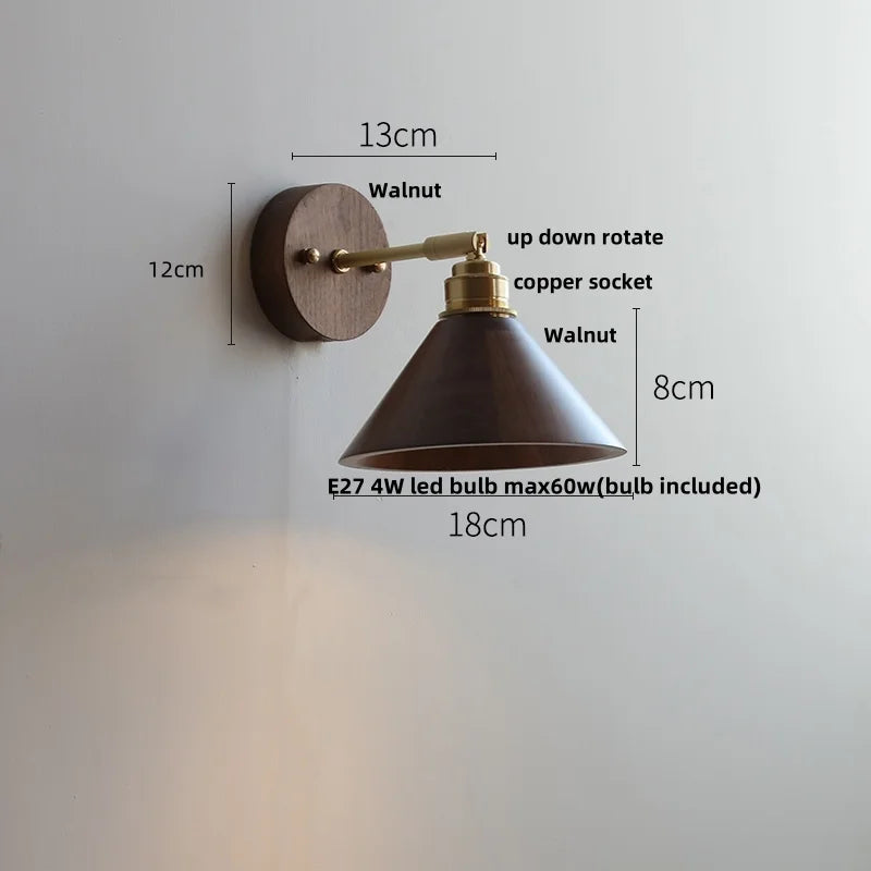DecorBites™ Copper Lampshade LED Wall Sconce Pull Chain Switch Nordic Modern Walnut Wood Mirror Light
