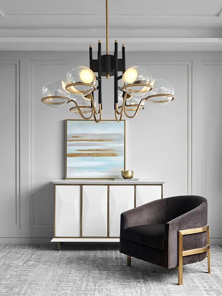 DecorBites™ مصباح سقف معلق بكرة زجاجية شفاف فاخر على الطراز الاسكندنافي قابل للتعتيم باللونين الأسود والذهبي