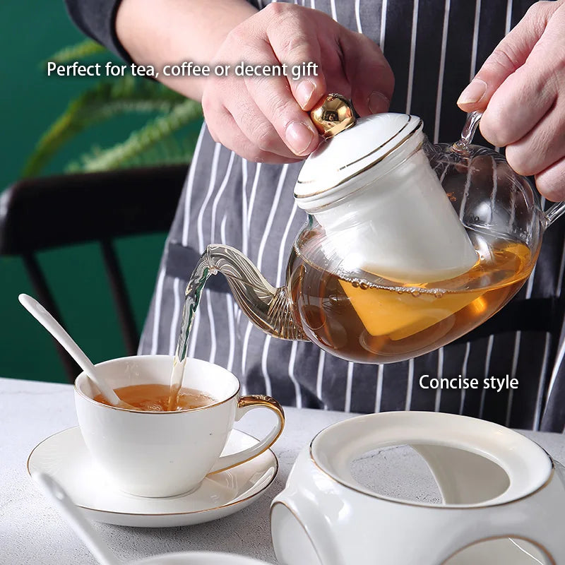 DecorBites™ Gold White Ceramic Tea Set with Glass Teapot - Elegant Teaware Collection