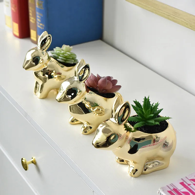 DecorBites™ Golden Rabbit Ceramic Flower Pot | Cartoon Succulent Planting Vase