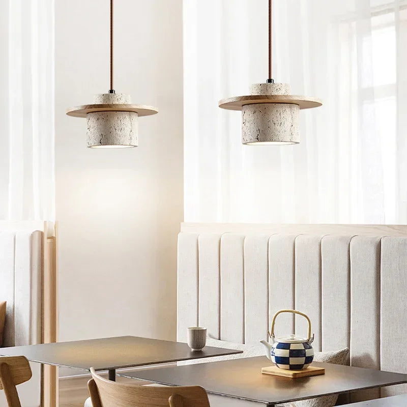 Modern Travertine Stone Pendant Light With Walnut Accent