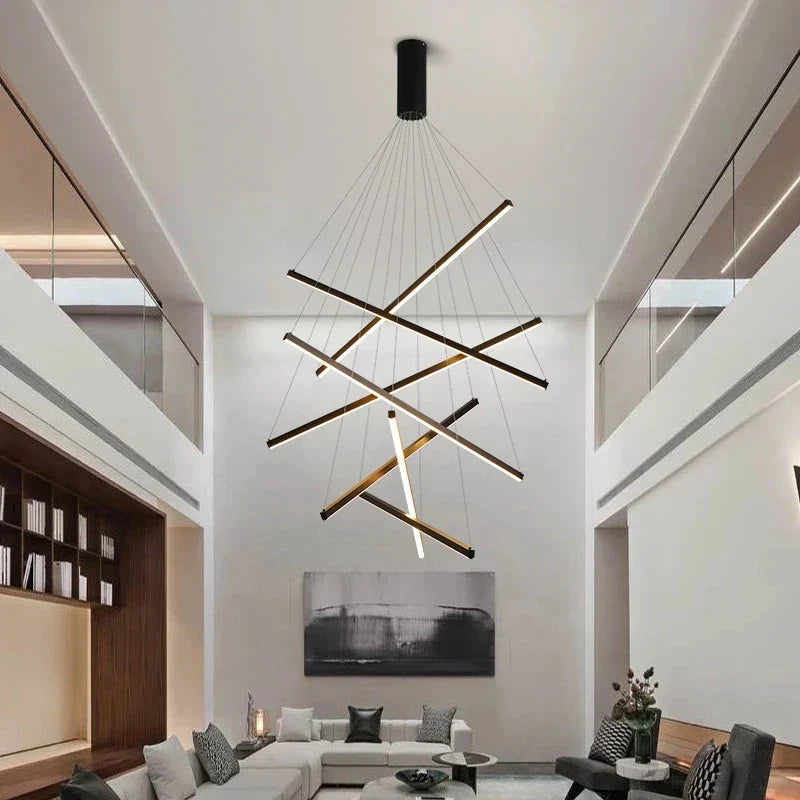 DecorBites™ Black LED Stair Chandelier: Modern Ceiling Pendant Light Fixture for Hall and Living Duplex.