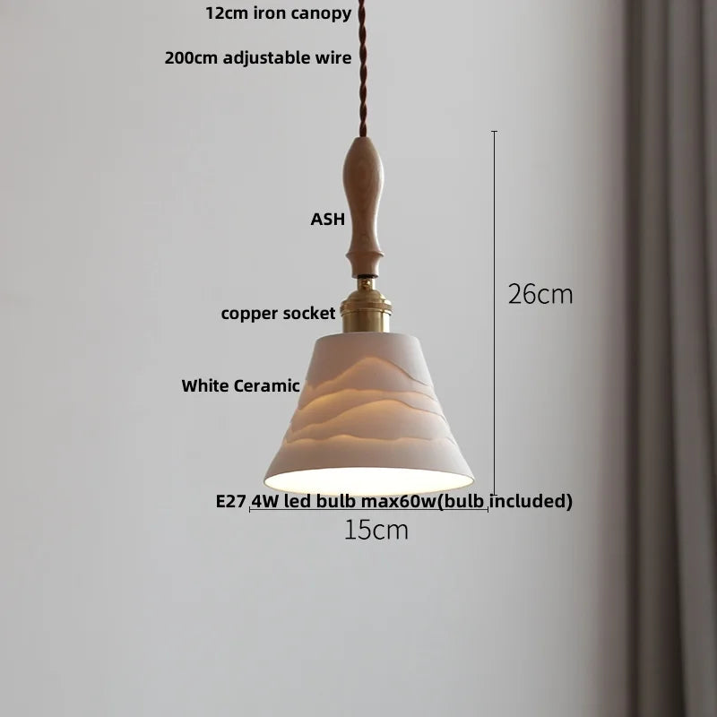 DecorBites™ Adjustable LED Pendant Lights Ash Wood White Ceramic Modern Hanging Lamp