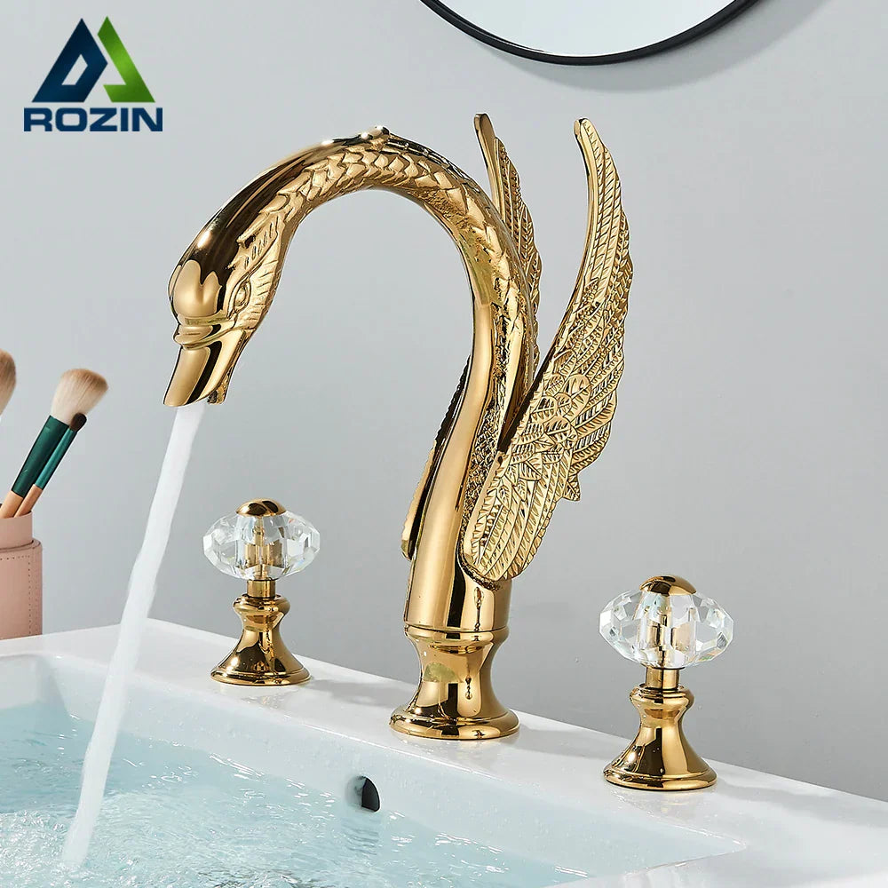 DecorBites™ حنفية حوض بمقبضين كريستاليين بتصميم بجعة ذهبية