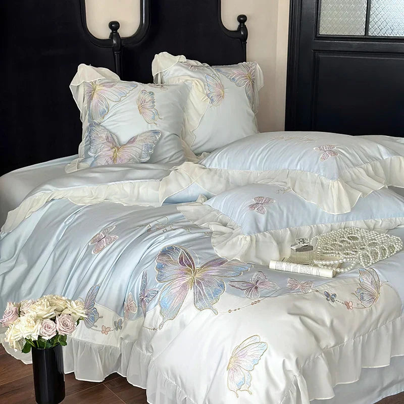 DecorBites™ French Lace Butterfly Embroidery Bedding Set in 100S Egyptian Cotton