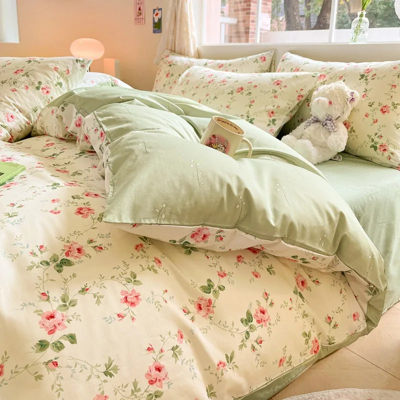DecorBites™ Cotton Floral Print Bedding Set: Comfortable Sleep Quilt Cover & Fitted Sheet in All Seasons