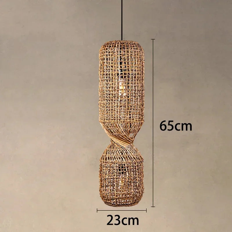 Vintage Hand-Woven Brown Rattan Cylinder Pendant Light