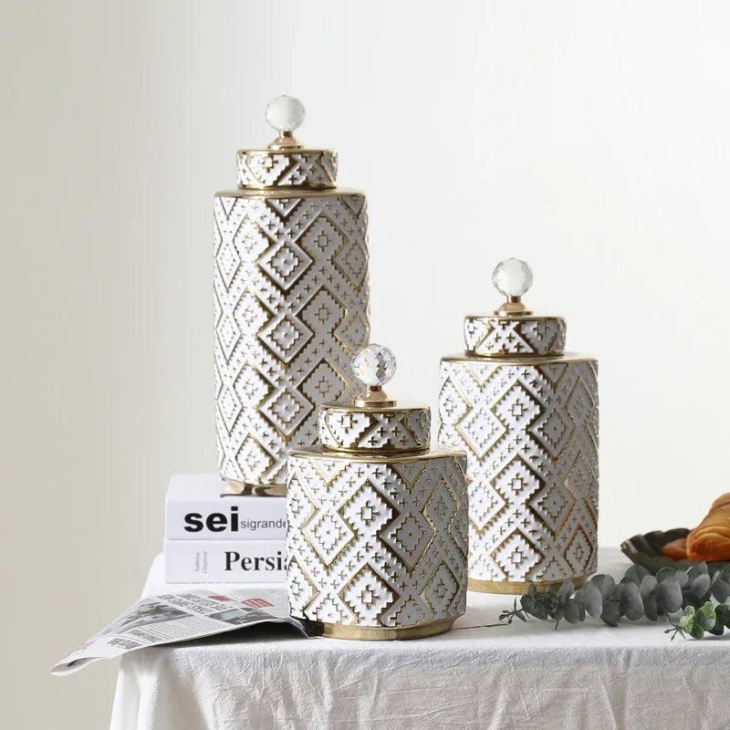 DecorBites™ Geometric Golden Relief Decorative Jar - Ceramic Crystal Vase Storage Jar