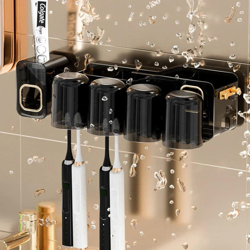 DecorBites™ Support de Brosse à Dents Inversé avec Distributeur de Dentifrice Automatique et Rangement de Maquillage