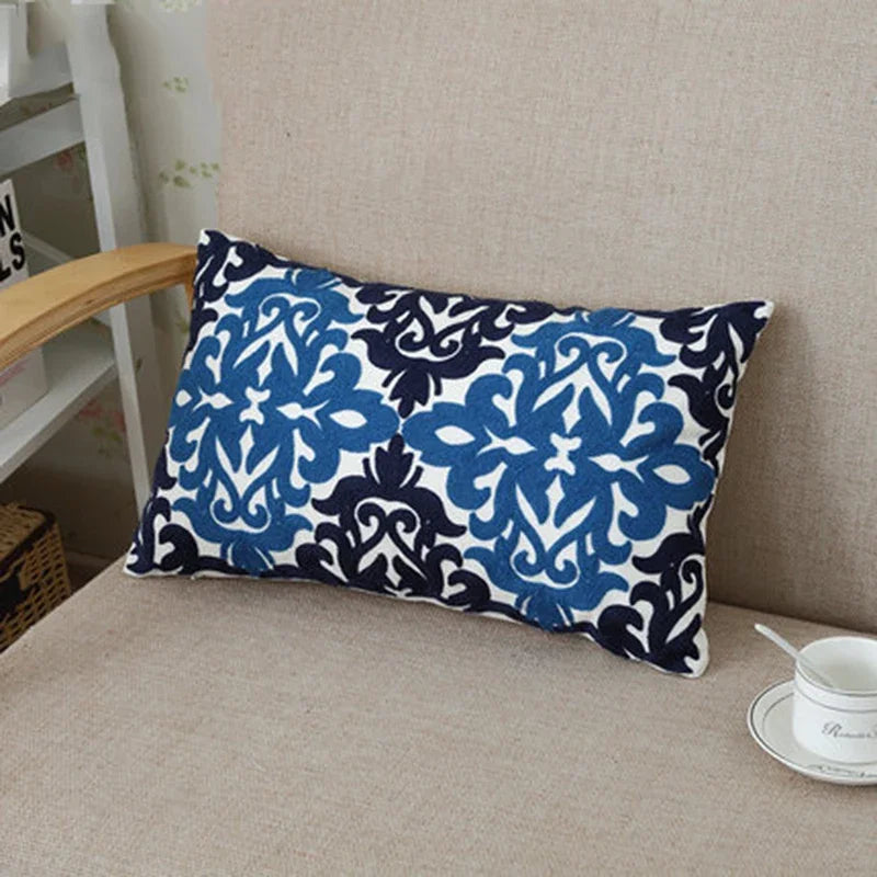 DecorBites™ Ethnic Floral Canvas Cotton Embroidered Lumbar Pillow Case 30x50cm