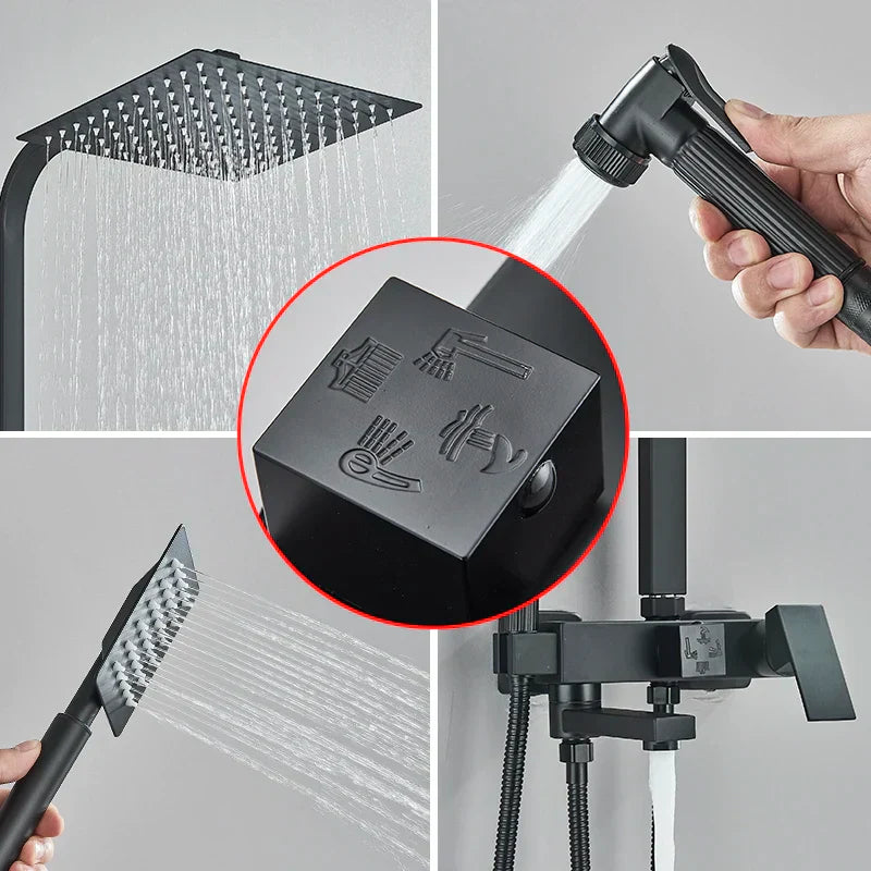DecorBites™ Black Brass Shower Faucet Set with Rotatable Tub Spout and Rain Shower Column