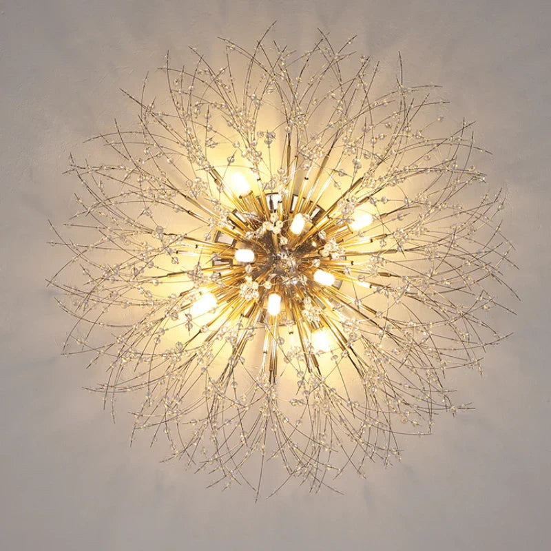 ثريا كريستال جولدن داندلايون من DecorBites™: مصباح سقف نورديك دافئ بتقنية LED لغرفة المعيشة الرومانسية.