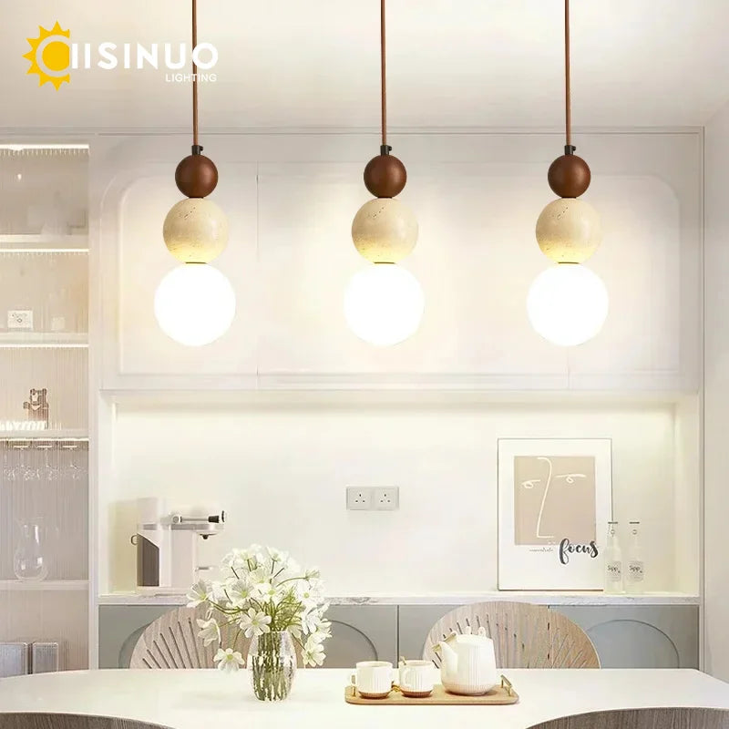 Wabi Sabi Cream Stone Pendant Light With Wooden Accent