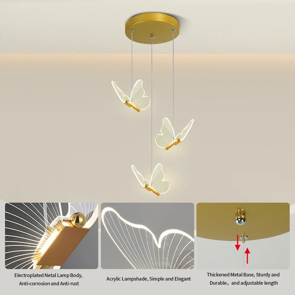 Modern Gold Butterfly 3-Light Metal Pendant Light