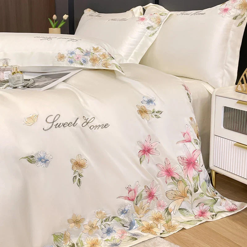 DecorBites™ Flowers Embroidery Silky Duvet Set with Comforter Cover & Fitted Sheet