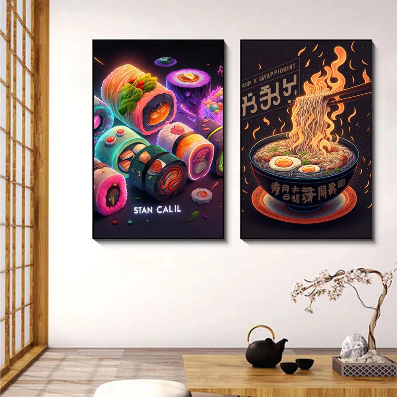DecorBites™ ملصقات طعام يابانية بإضاءة نيون لوحة قماشية لتزيين مطبخ المنزل