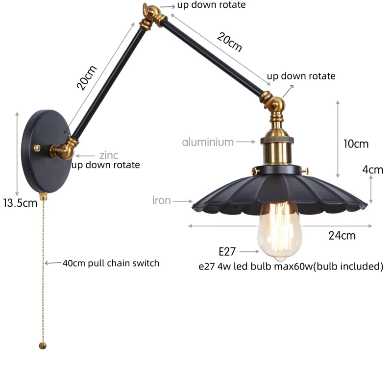 DecorBites™ Gold LED Industrial Wall Lamp with Pull Chain Switch