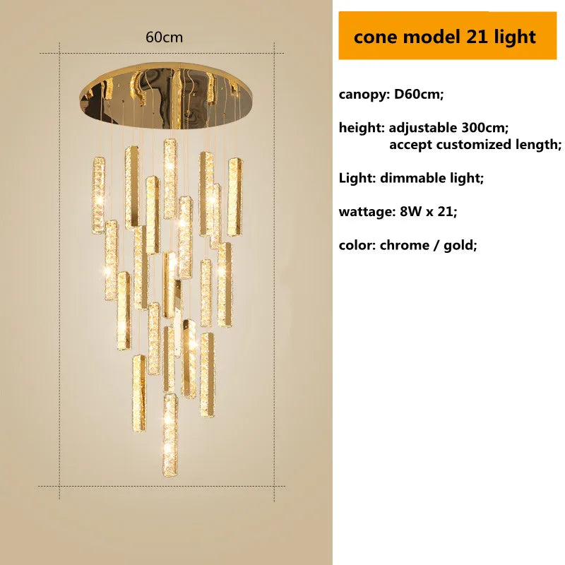 أضواء معلقة من الكريستال من الستيل المطلي بالكروم الذهبي من DecorBites™ مزودة بإضاءة LED قابلة للتعتيم لدرج الفيلا