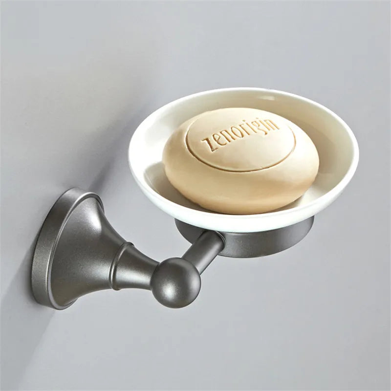 DecorBites™ Gray Bathroom Accessories Set: Towel Rack, Toilet Brush Holder, Shelf, Soap Dish