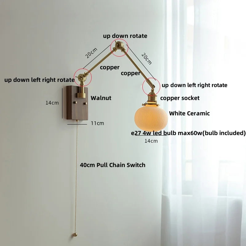 DecorBites™ Ceramic LED Wall Light Rotatable Walnut Bedside Lamp
