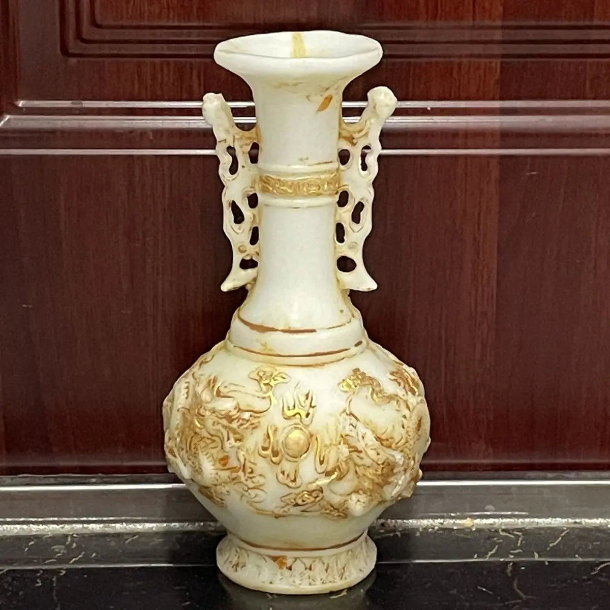 "DecorBites™ White Marble Gold Vase with Ming and Qing Antique Jade Dragons"