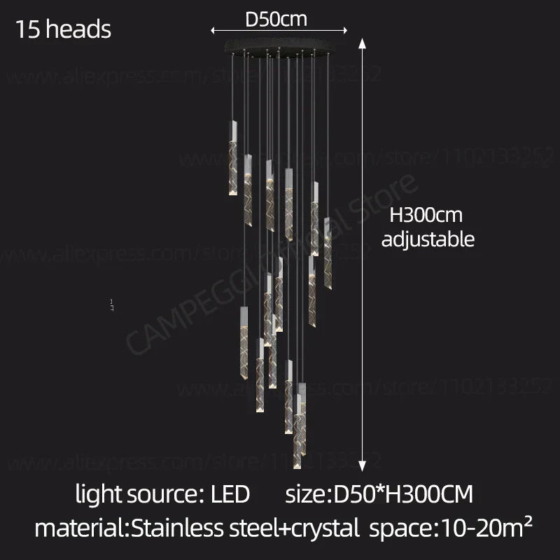 DecorBites™ Crystal Chrome LED Chandelier: Elegant Duplex Stair Lighting for Modern Interiors