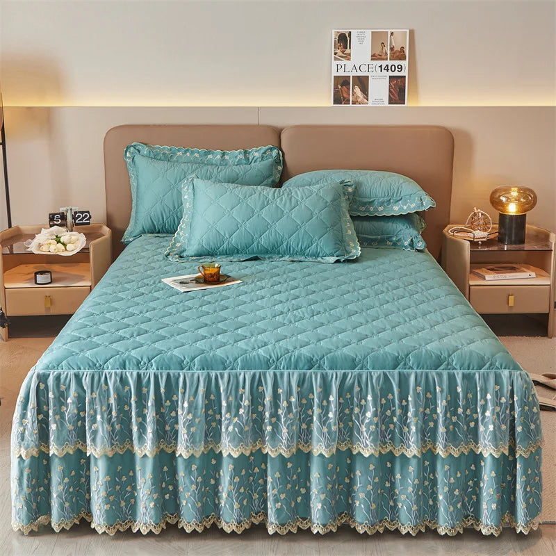 DecorBites™ Cotton Lace Ruffles Quilted Bed Skirt Set with Pillowcases