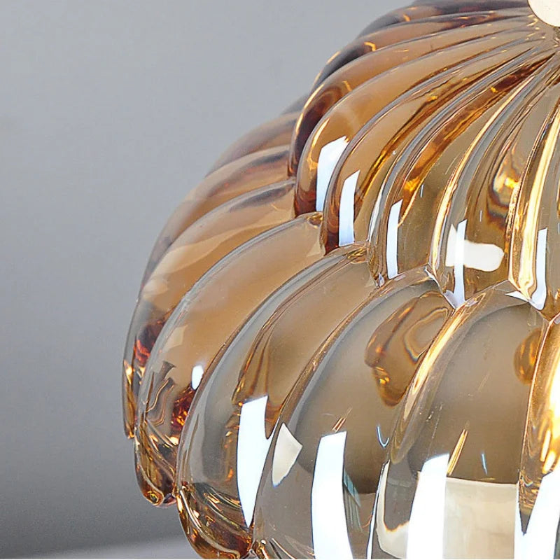 DecorBites™ Amber Glass Walnut Wood LED Pendant Lamp with Copper Knob Switch