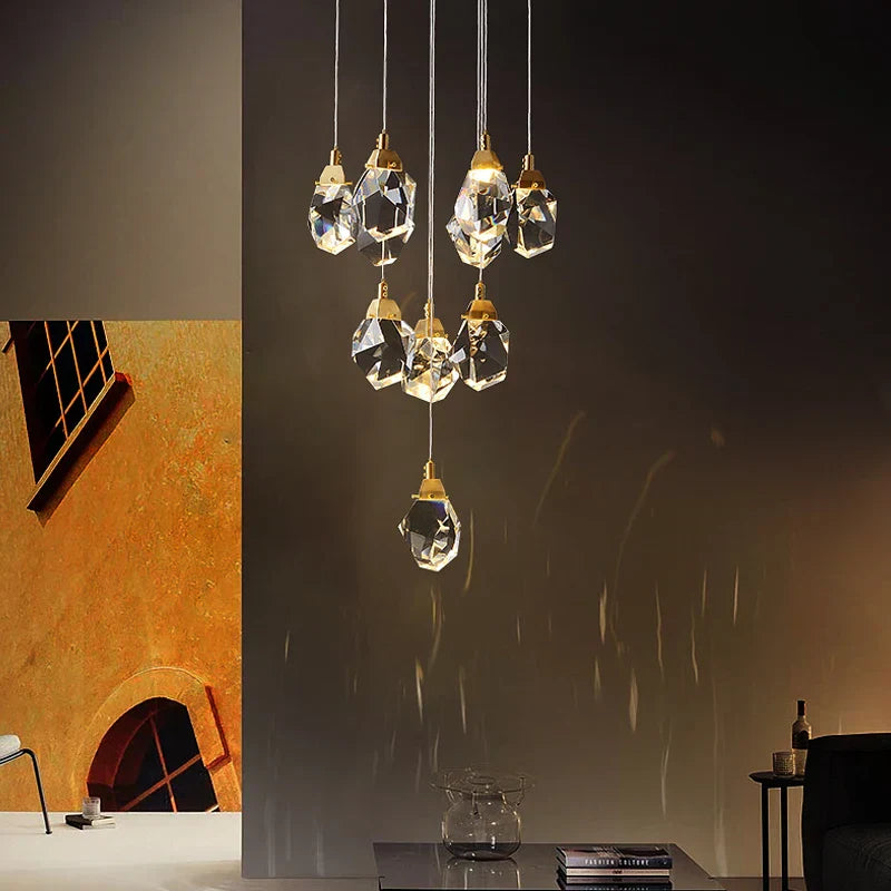 DecorBites™ Diamond Crystal Chandelier Staircase LED Golden Large Living Room Hall Lighting