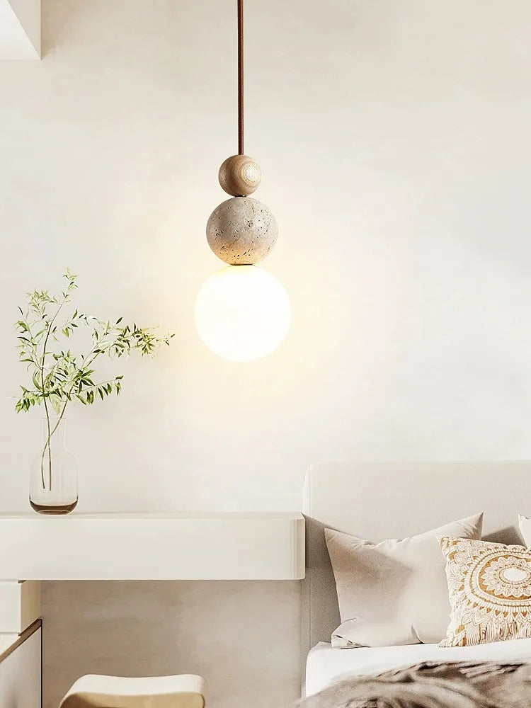DecorBites™ Cream Style LED Pendant Lamp for Bedroom and Bar - Designer Stone Wood Chandelier