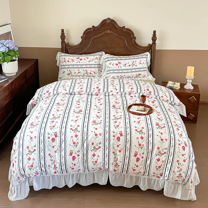 DecorBites™ French Flowers Lace Ruffles Princess Bedding Set with Bed Sheet Pillowcases