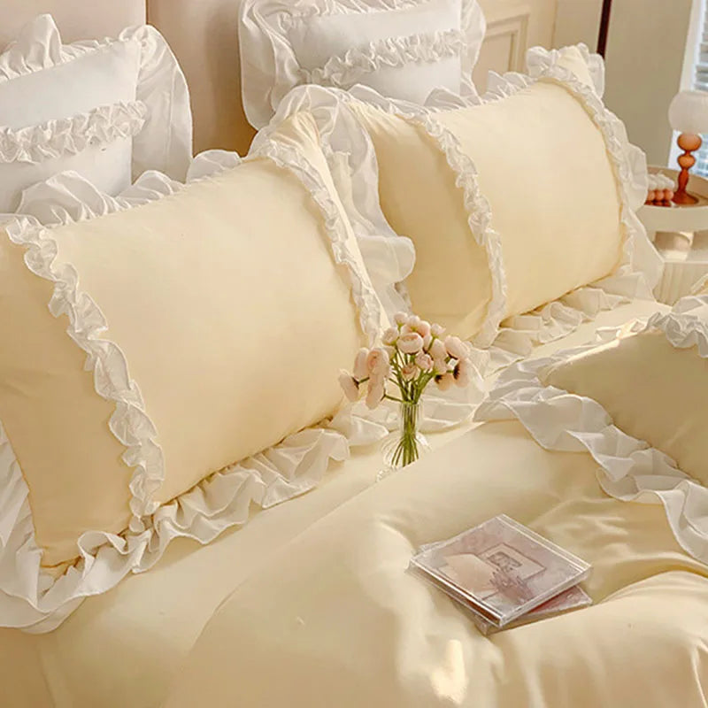 طقم سرير الأميرة الكورية لوليتا من 4 قطع من DecorBites™ من القطن المغسول السادة