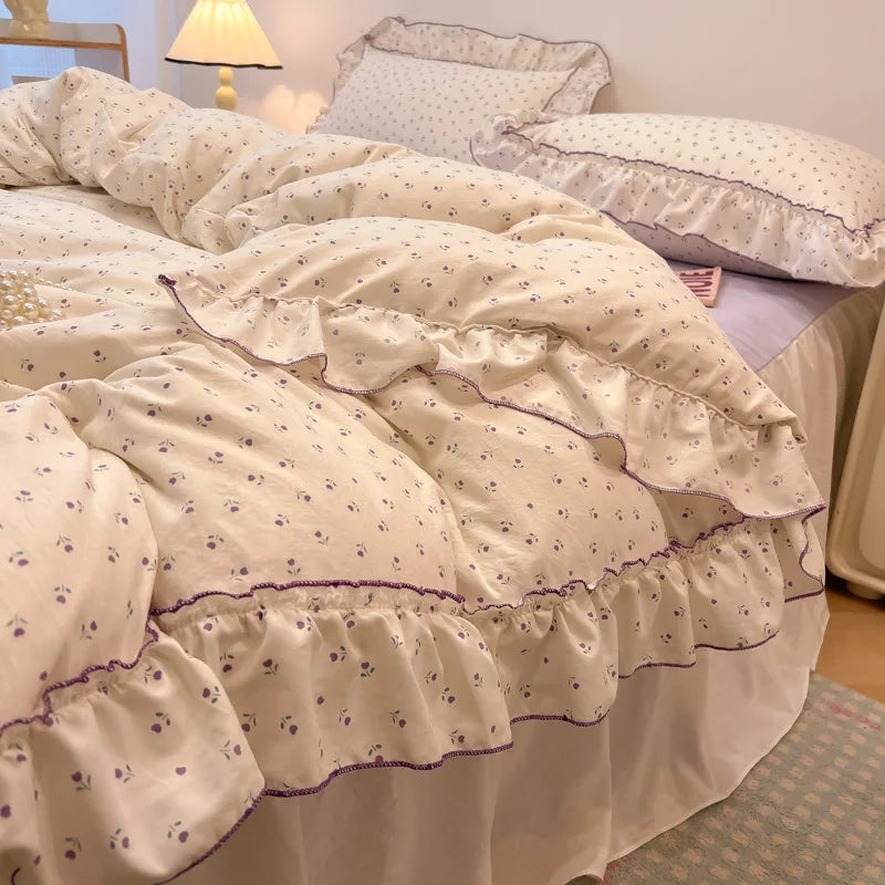 طقم مفروشات أميرة كورية بطبعة زهور من DecorBites™ من القطن المغسول للفتيات