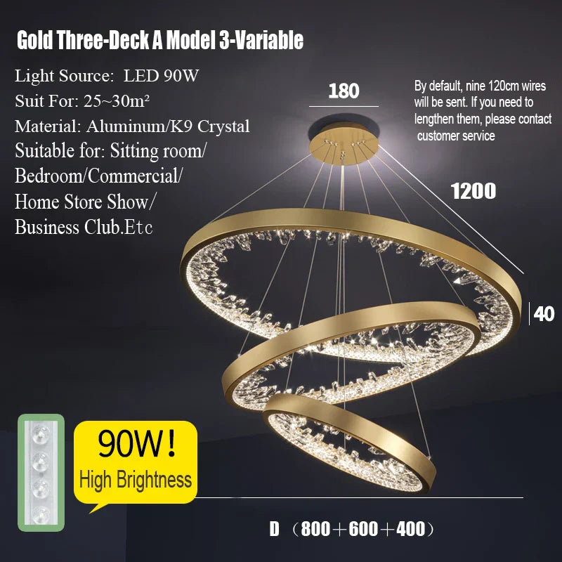 DecorBites™ Crystal Led Chandelier: Modern Luxury K9 Ring Dimmable Circle Hanging Lamp - Bedroom Living Dining Room Lighting