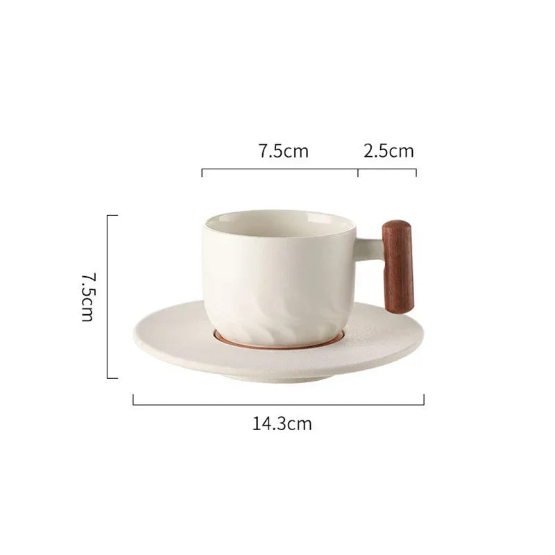 DecorBites™ 130 مل كوب قهوة سيراميك أزرق ريترو مع صحن، ومقبض خشبي