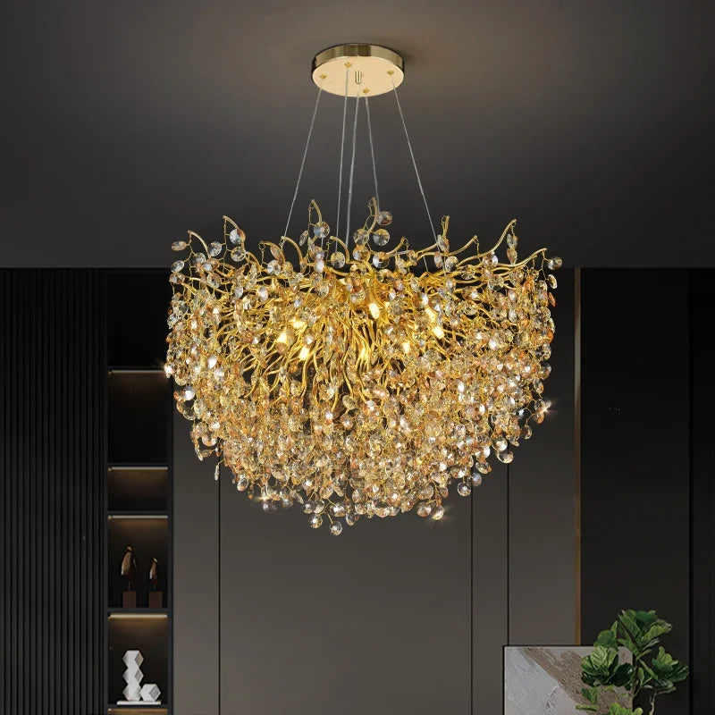 ثريا سقف كريستالية LED ذهبية من DecorBites™ بتصميم تشعبات - إضاءة فاخرة لغرفة المعيشة
